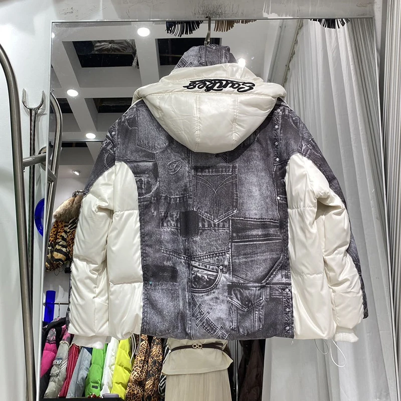 Winter Hooded Color Blocking Splicing Down Jacket Women Waterproof White Duck Down Outwears Female Warm Thick Zipper Down Jacket