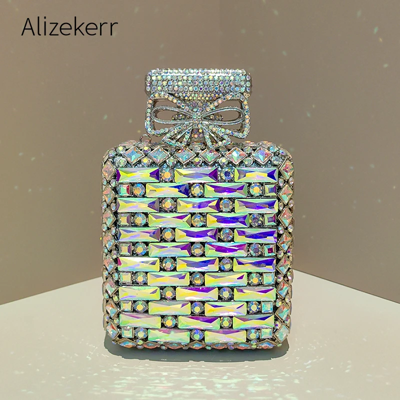 

Alizekerr Perfume Bottle Crystal Evening Bags Women Gorgeous Luxury Rhinestone Square Metallic Purses And Handbags Wedding Party