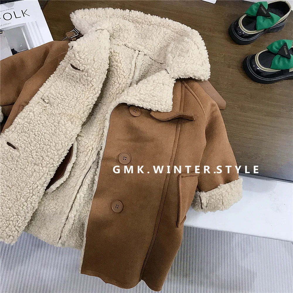 

Korean version of winter clothing new girls stand-up collar fur integrated jacket children's fleece warm medium and long coat