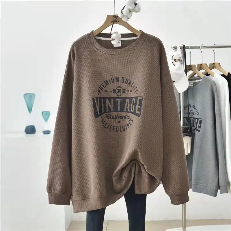 

Spring Autumn Vintage Printing Letter Hoodies Long Sleeve O-Neck Loose All-match Solid Pullovers Casual Fashion Women Clothing