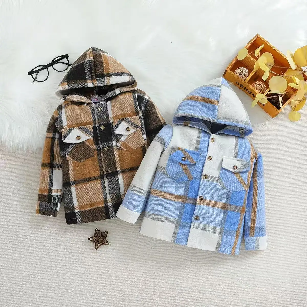

Children's Clothing New Boy Spring and Autumn Coat Europe United States Children's Plaid Hooded Shirt Shirt Baby Casual Shirt