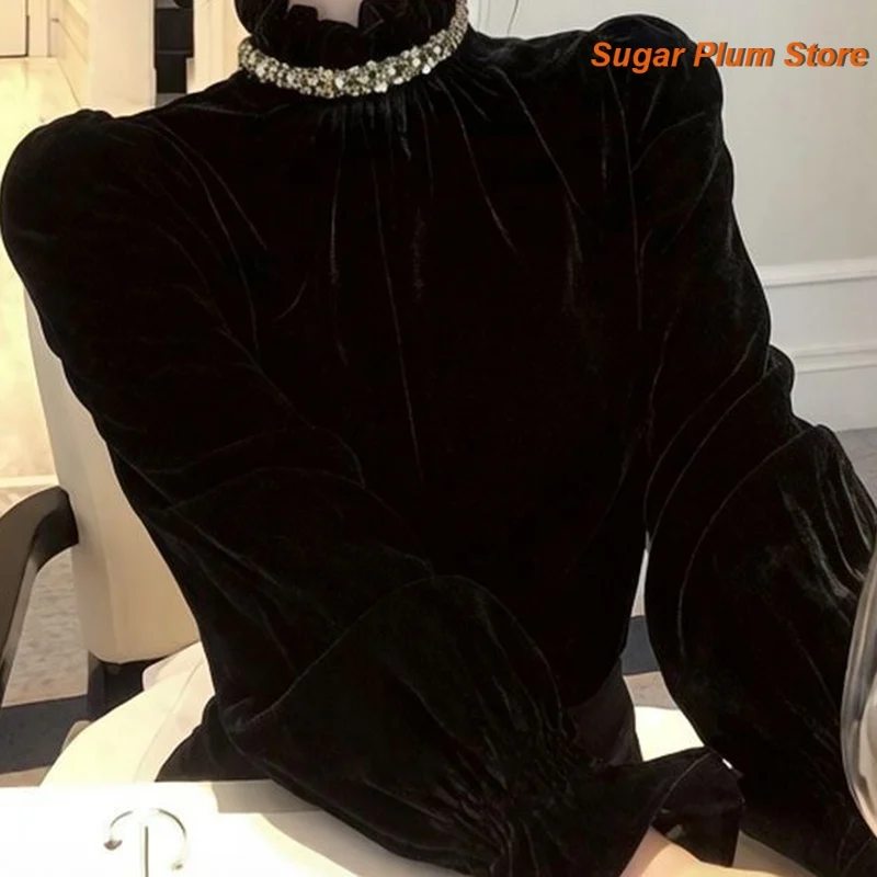 Black Semi-turtleneck Wood Ear Long-sleeved Velvet Shirt Female Autumn and Winter European Goods Fashion Comfortable Waist Slim.