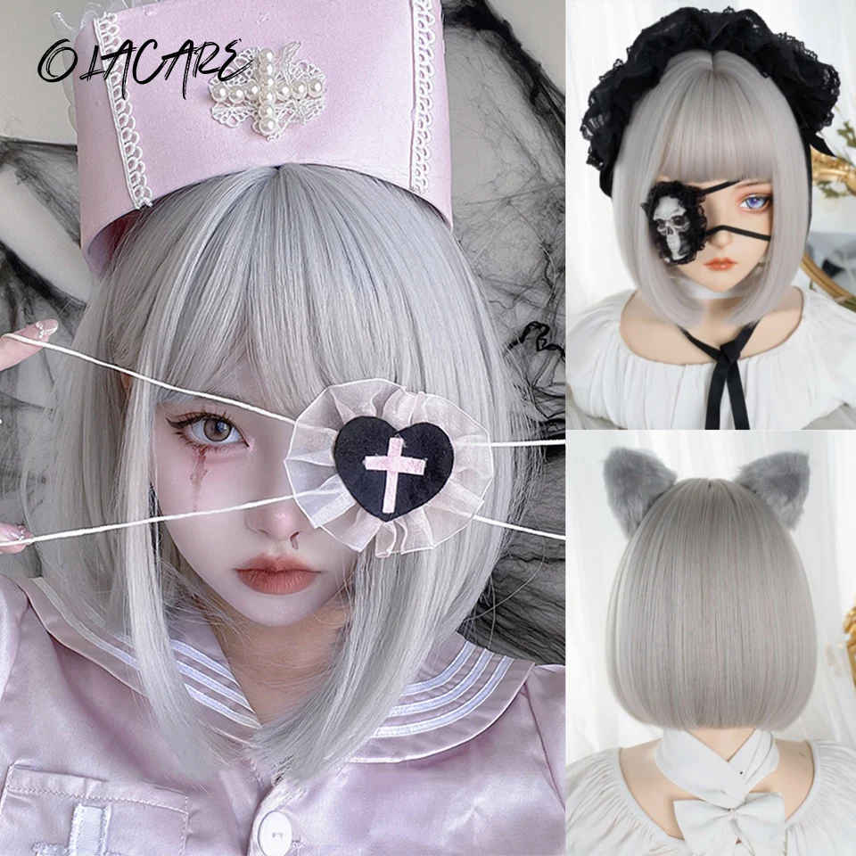 

OLACARE Short Straight Bob Synthetic Wigs Pink Grey Natural Hair Wig with Bangs for Women Cosplay Cute Wig Heat Resistant Fiber