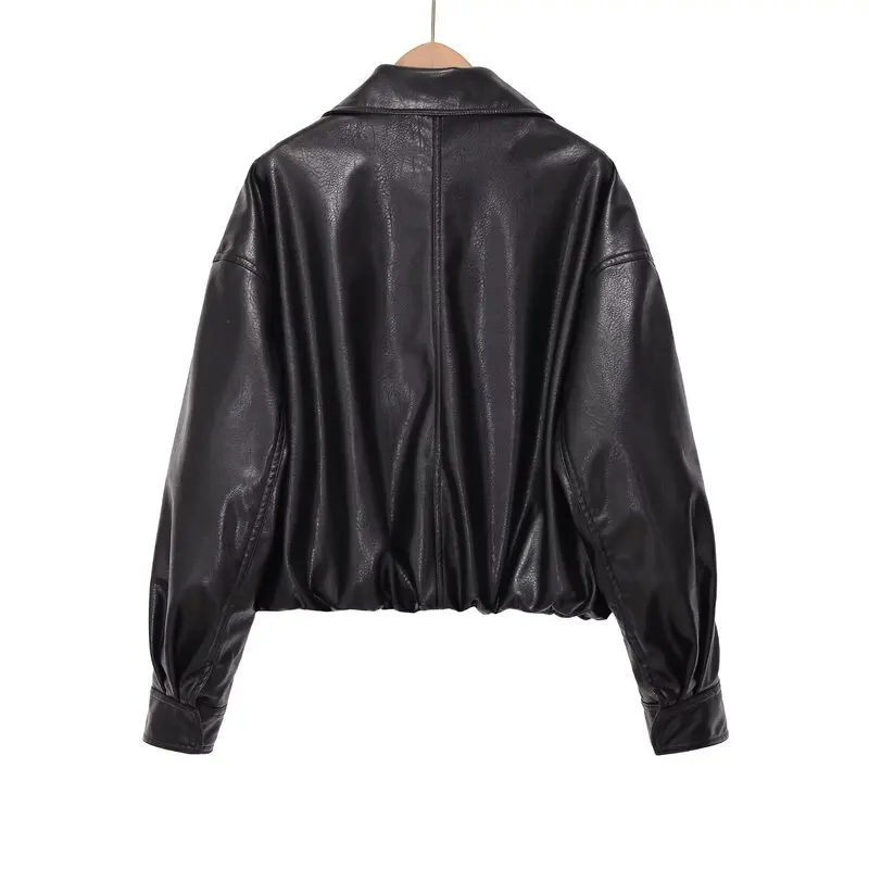 Spring 2026 Women's Fashion High Collar Long Sleeve Faux Leather Jacket Versatile Outerwear Commute Style Zipper Closure