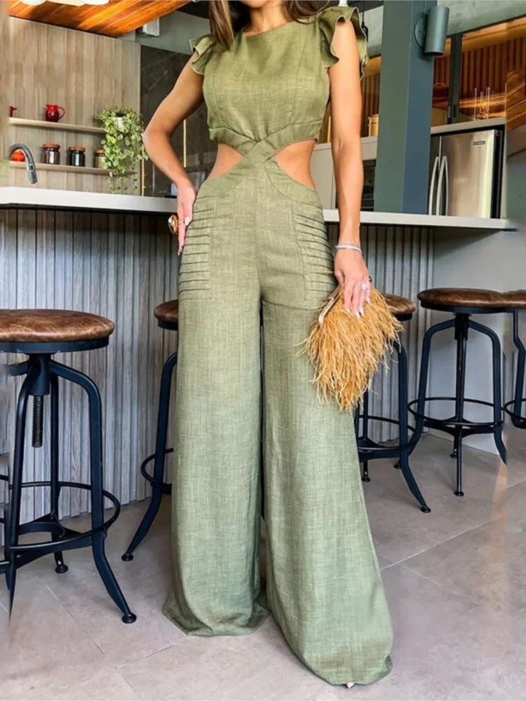 

Fashion Ruffled O-neck Waistless Jumpsuit For Women Elegant Solid Color Spring Summer Zipper Elegant Loose Jumpsuit Female Y2K