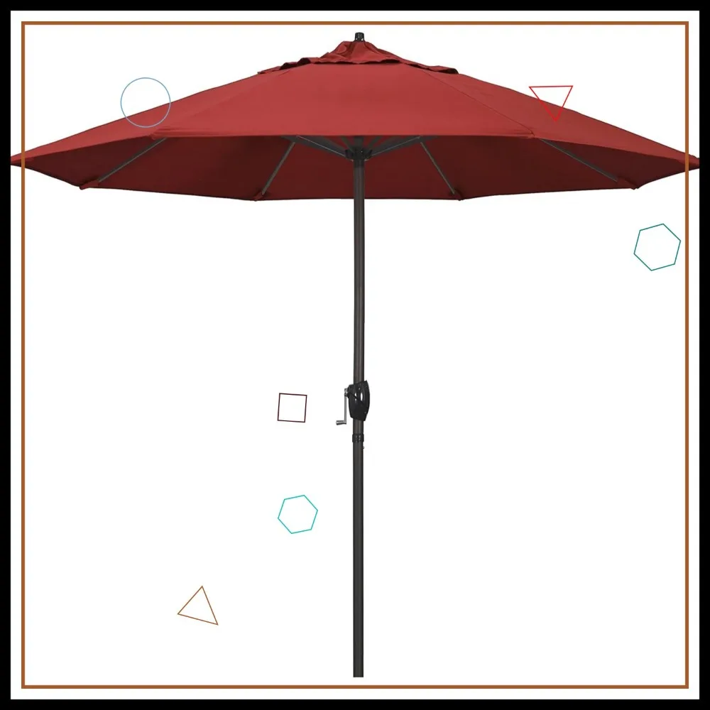 

9' Round Aluminum Outdoor Umbrella with Crank Lift and Auto Tilt, Bronze Pole, Red Fabric