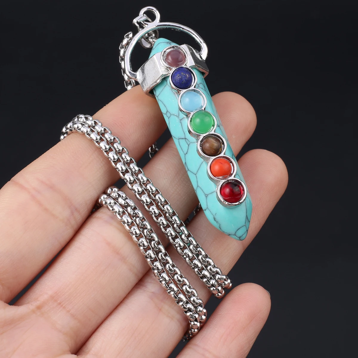 Hexagonal Pyramid Natural Stone Pendants Necklaces Rose Quartz Agate Opal Precious Stone Charms Chains Women Necklaces Fashion