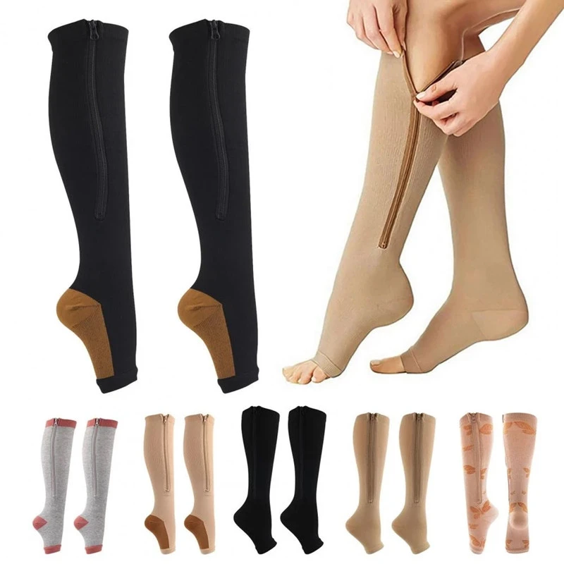 Open Toe Zipper Compression Socks Men Women Knee‑High Solid Color Socks Varicose Veins Relief Leg Support Stockings