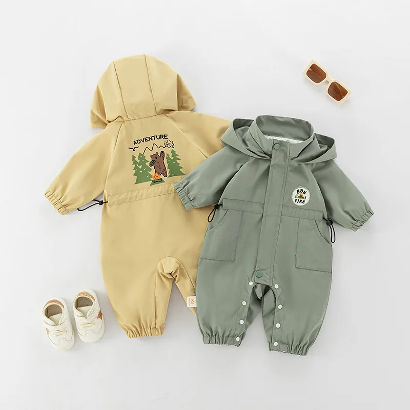 2025 Autumn Baby Jumpsuits Outdoor Jacket 0-2Y Unisex Infant Casual Double-layer Hooded Rompers Toddler Warm Outwear Clothes