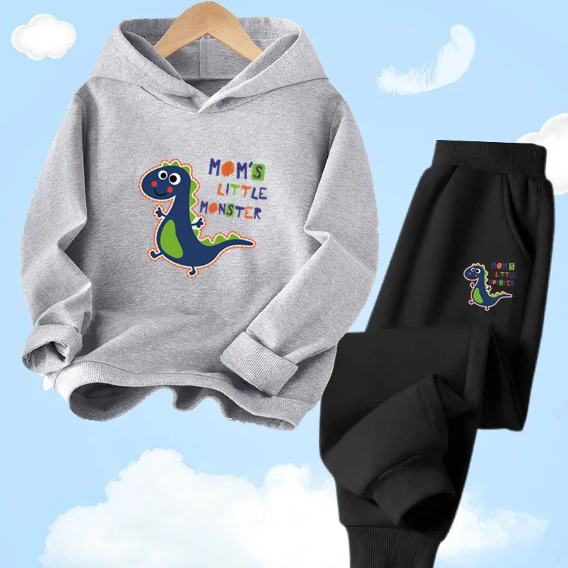 Children's Autumn and Winter 2pcs Suit Cartoon Dinosaur Printed Hoodie Set Kids Pullover Hoody Sweatshirt +Pants Outfits