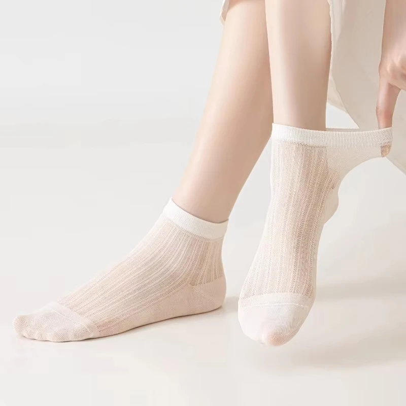 Damen-Knöchelsocken, 1/3/6 Paar, hohles Netzdesign, antibakterieller Stoff, Sommer, dünn, atmungsaktiv, solide Seidensocken für Damen – Detail 3