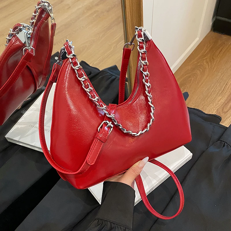 

Designer Women's Underarm Bag Trend Chain Crossbody Bags Luxury Pu Leather Female Handbags Pure Color Bucket Shoulder Bags