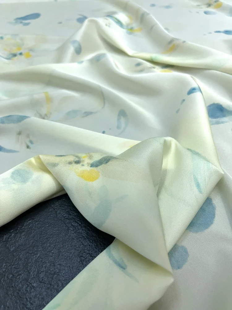 Light Blue Green Watercolor Stretch Silk Twill Fabric for Dresses and Shirts 93% Mulberry Silk, 7% Spandex