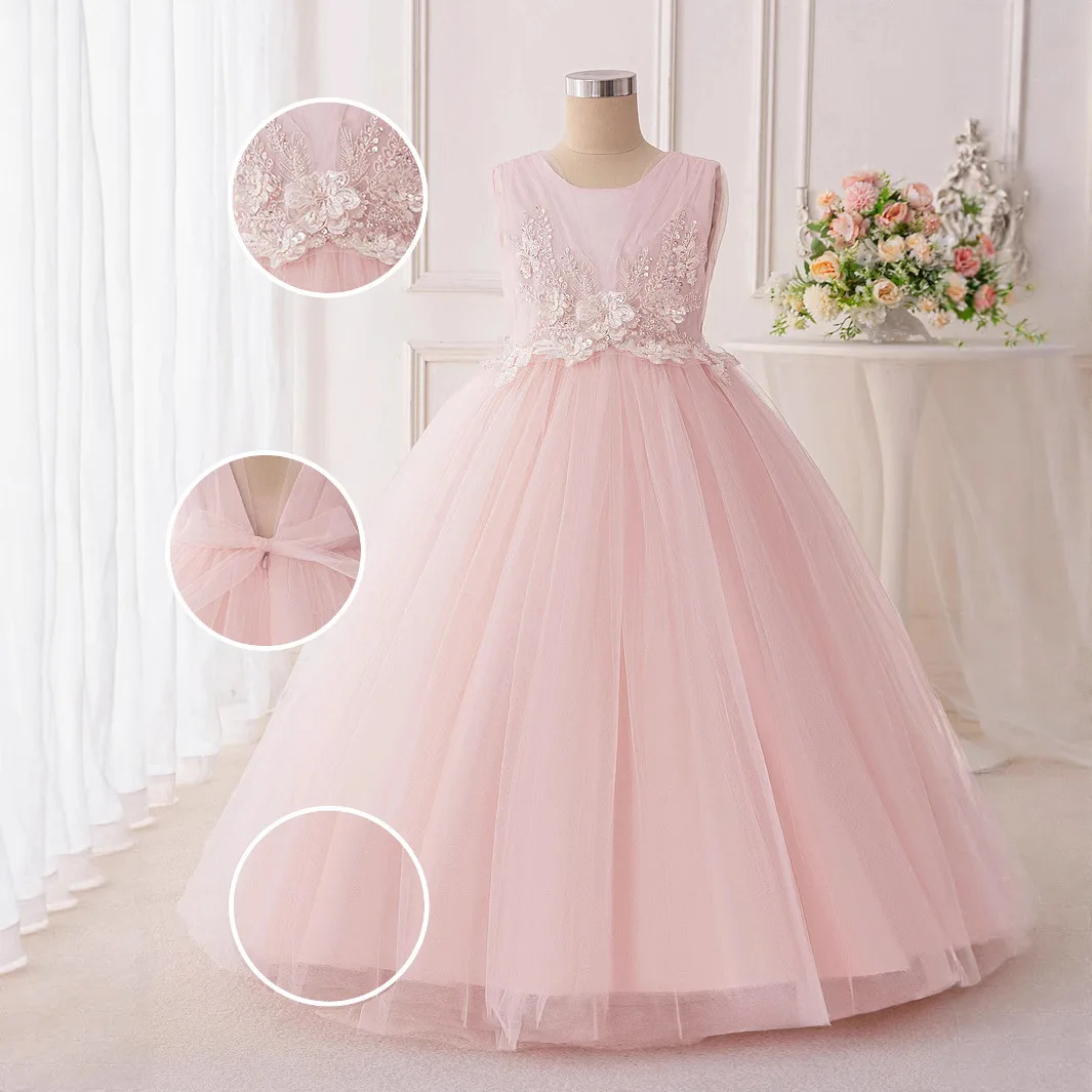 Girl Princess Dresses Tulle Puffy Backless Wedding Bridesmaid Elegant Dress For Girl's Ceremonial Dress Piano Performance Gown