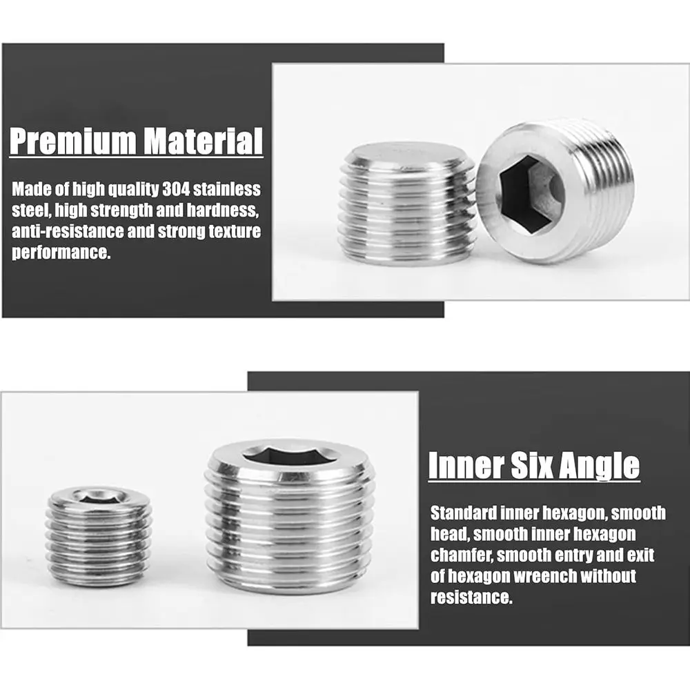 

304 Stainless Steel Male Thread Hexagon Plug Silver Stainless Steel Head Plug Hex Thread Socket Cap Construction