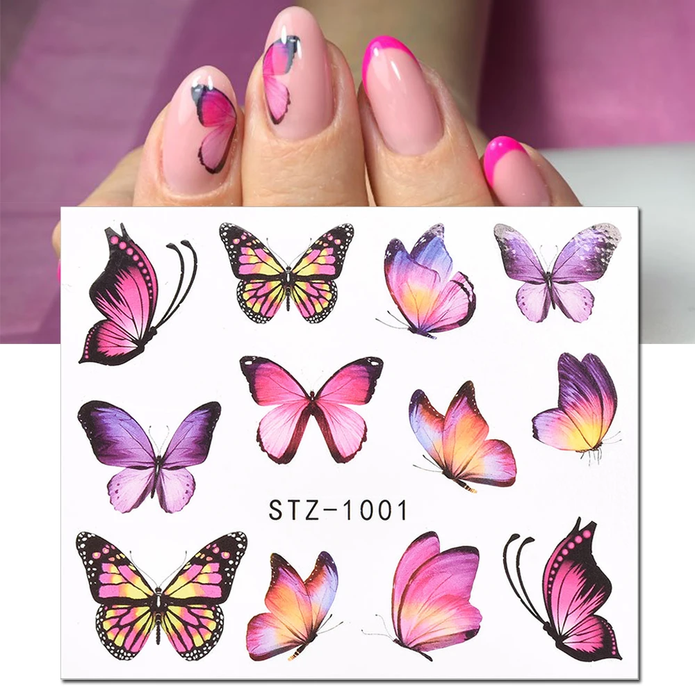 Pegatinas de mariposas para manicura y Arte para uñas, color rosa y morado, calcomanías 3D de primavera, tema de verano, flores, decoración deslizante para uñas, 1 ud.