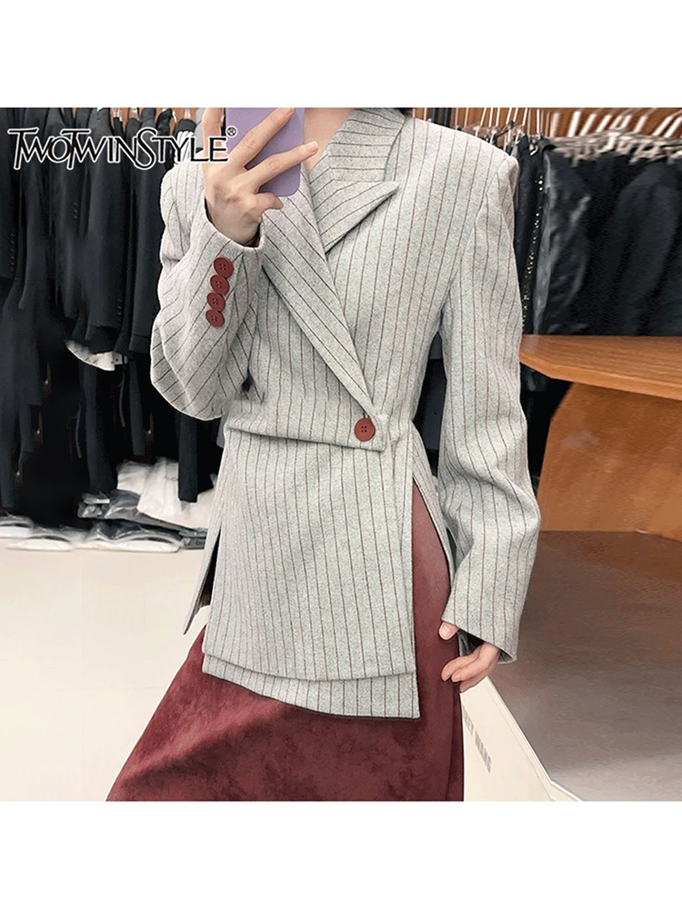 TWOTWINSTYLE Striped Printting  Asymmetrical Chic Blazer For Women Notched Collar Long Sleeve Slimming Blazer Female Fashion New