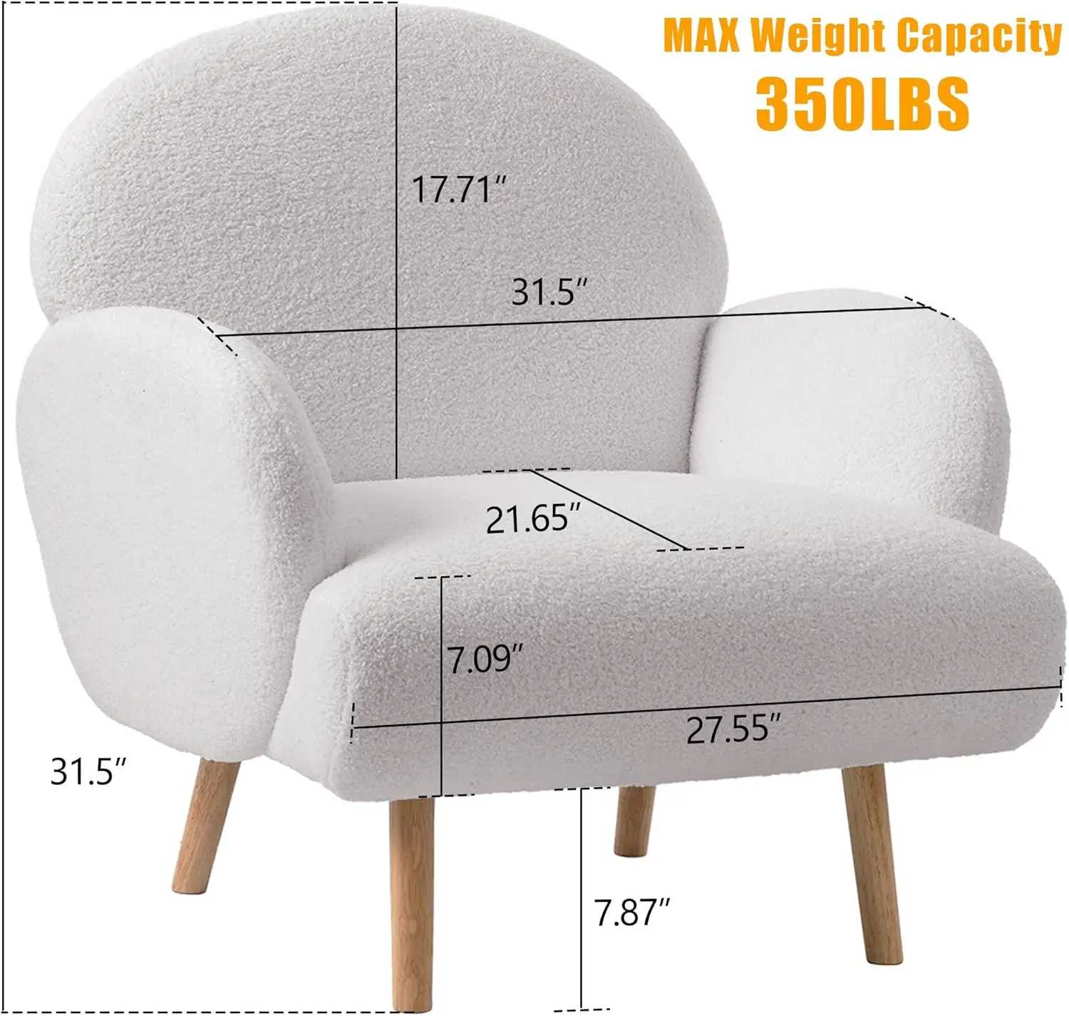 Oversized Boucle Fabric Accent Chair with Arms, Sherpa Furry Teddy Chair with High Back and Wood Legs for Capacity 400 pounds