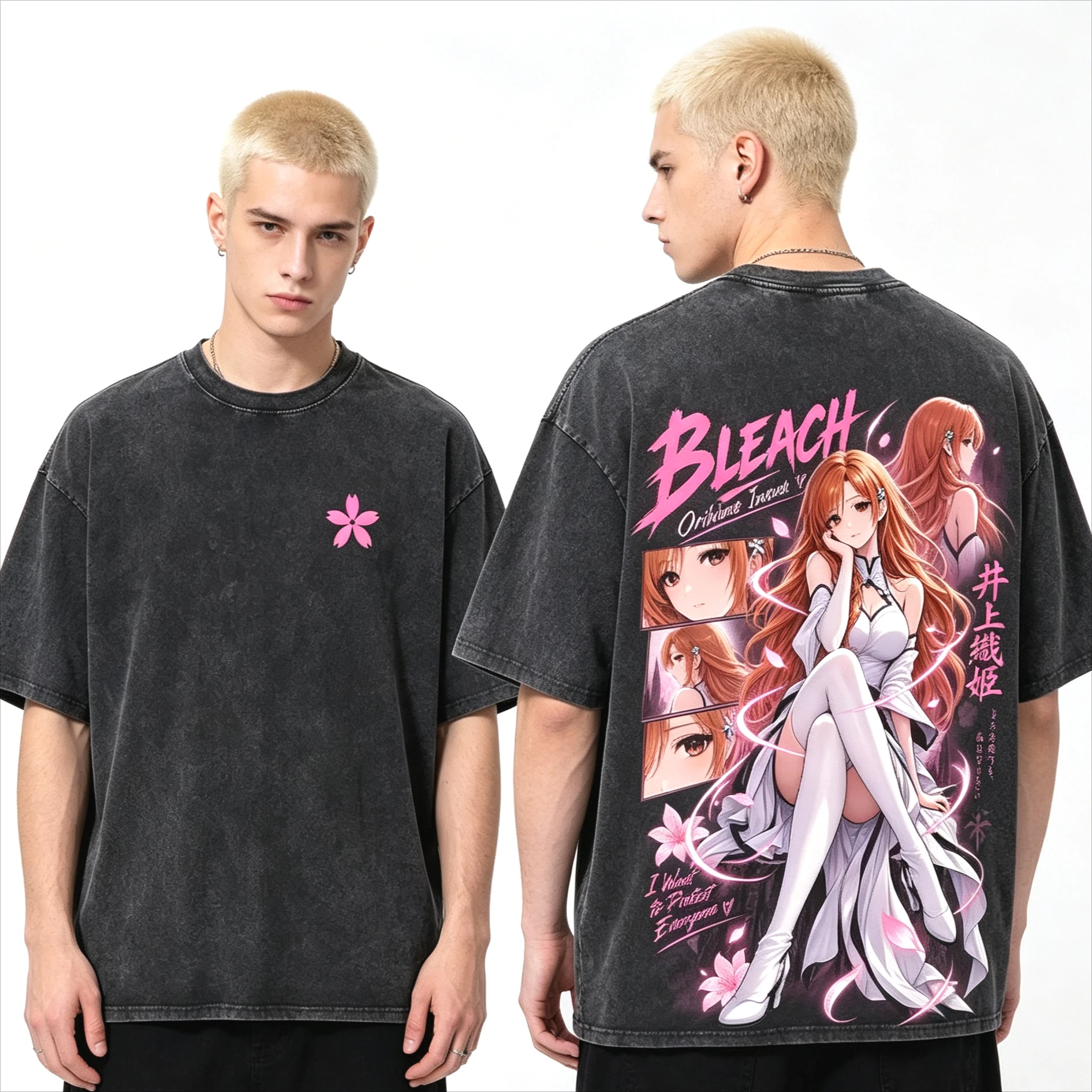 2026 Summer Hot Sale Anime Bleach Orihime Inoue Vintage Washed T Shirt Men Women Vintage Hip Hop Streetwear Oversized T-shirt