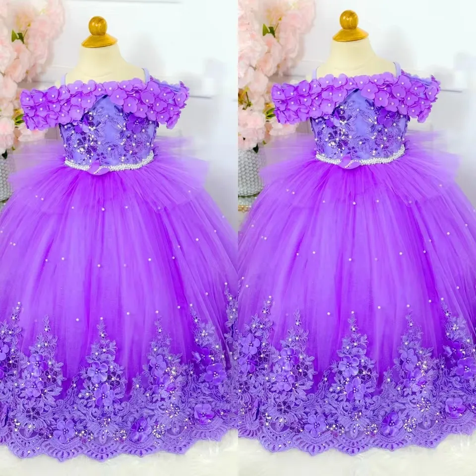 

Customized Purple Flower Girl Dress for Wedding Lace Appliques Beaded Princess First Communion Ball Birthday Party Gowns