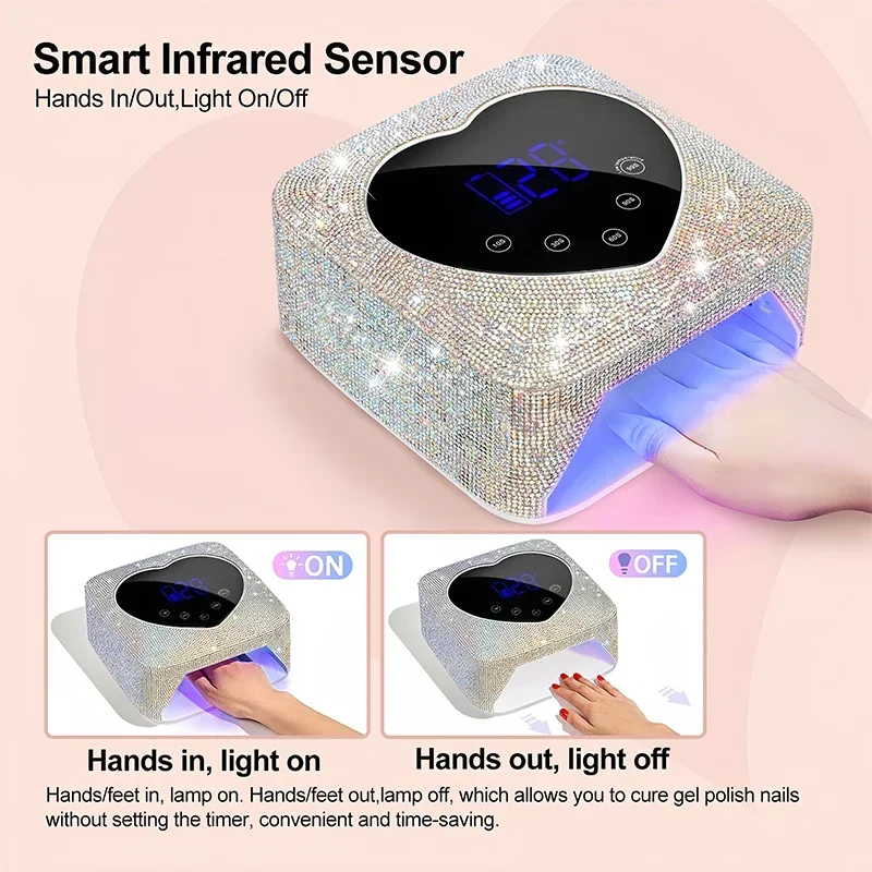 Lámpara LED UV para uñas, luz UV inalámbrica recargable de 72W para uñas con diamantes de imitación en forma de corazón, máquina de manicura y pedicura, herramientas para uñas