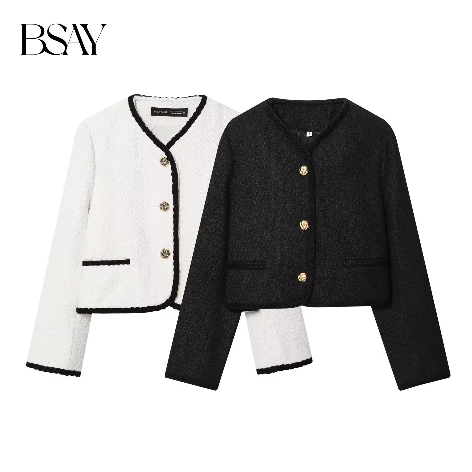 

BSAY Women's Small Fragrant Style 2025 Autumn New Collection Color Contrasting Border Metal Button Loop Velvet Coat