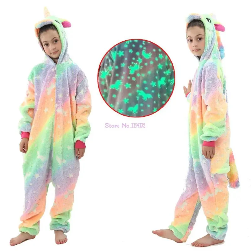 Children Glow in the Dark Rainbow Unicorn Oneise Kids Pyjama Adult Hooded Kigurumi Pajama Jumpsuit Rainbow Unicorn Pajamas