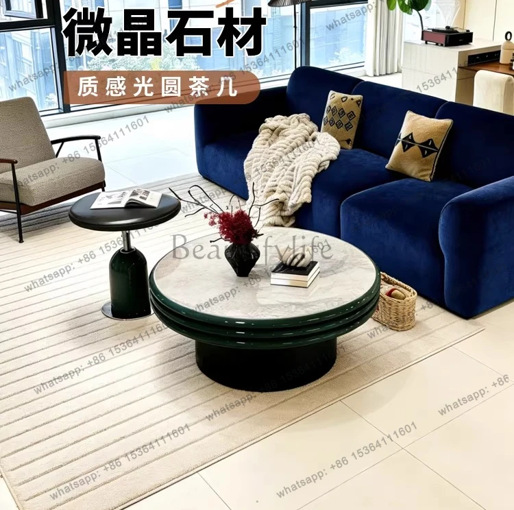 

High-end Italian light round coffee table marble modern simple living room solid wood cream style high-end small apartment