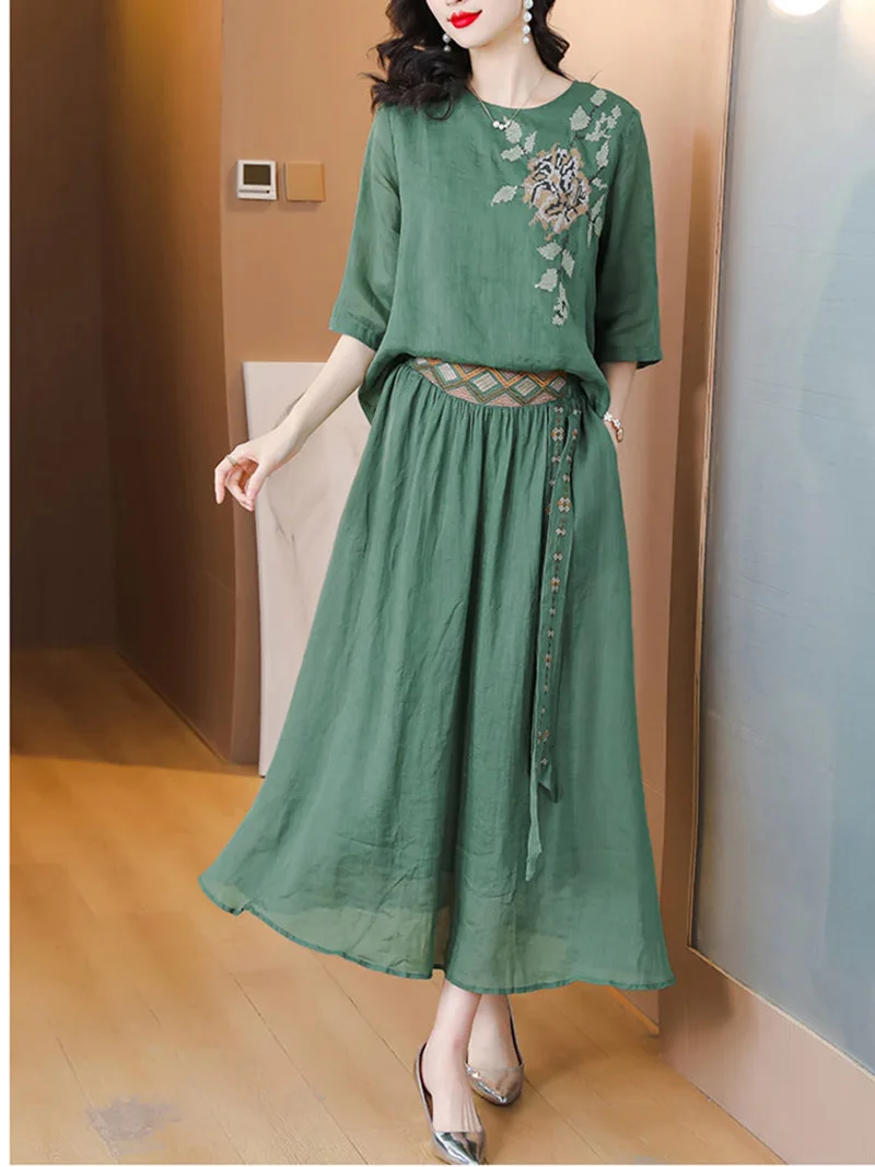 Chinese Embroidery Ramie Top Two Piece Set Summer Outfits For Women 2023 Elegant Literature Art Cotton Linen Skirt Suit C057