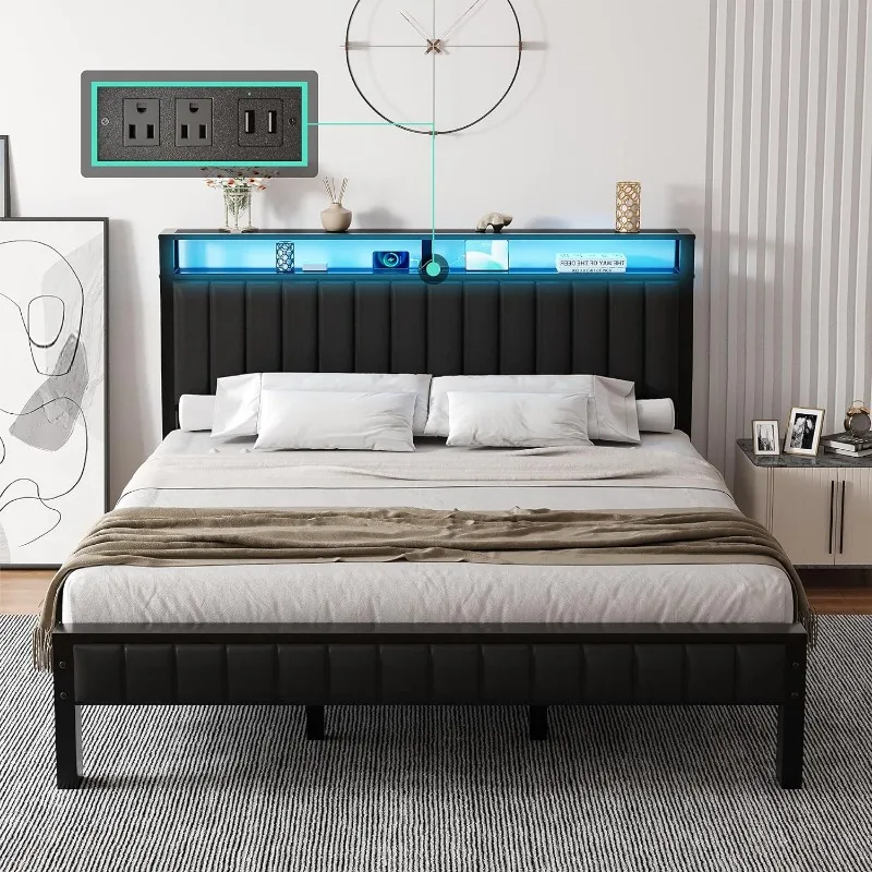 King Size Bed Frame, LED Platform Bed with Faux Leather Headboard,Charging Station, 2-Tier Storage Space/No Box Spring Needed