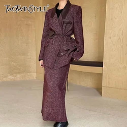 TWOTWINSTYLE Temperament Two Piece Sets For Women Notched Collar Long Sleeve Blazer High Waist Skirt Chic Set Female Fashion New