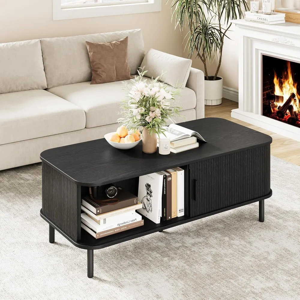 Mid-Century Modern Rectangular Coffee Table with Storage, 47.2 Living Room Wood Centerpiece with Sliding Shelf