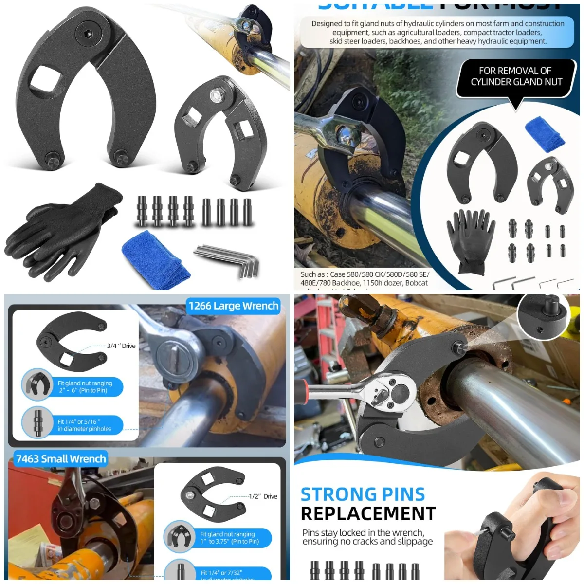 

Adjustable Gland Nut Wrench Set - 2pcs with Gloves, Towel, Pins, Allen Keys for Farm & Construction Equipment