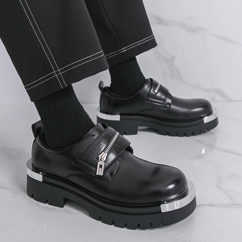 

New Fashionable Men Height-increasing Loafers Black White European-style Casual Thick-soled Durable Fashion Brand Leather Shoes