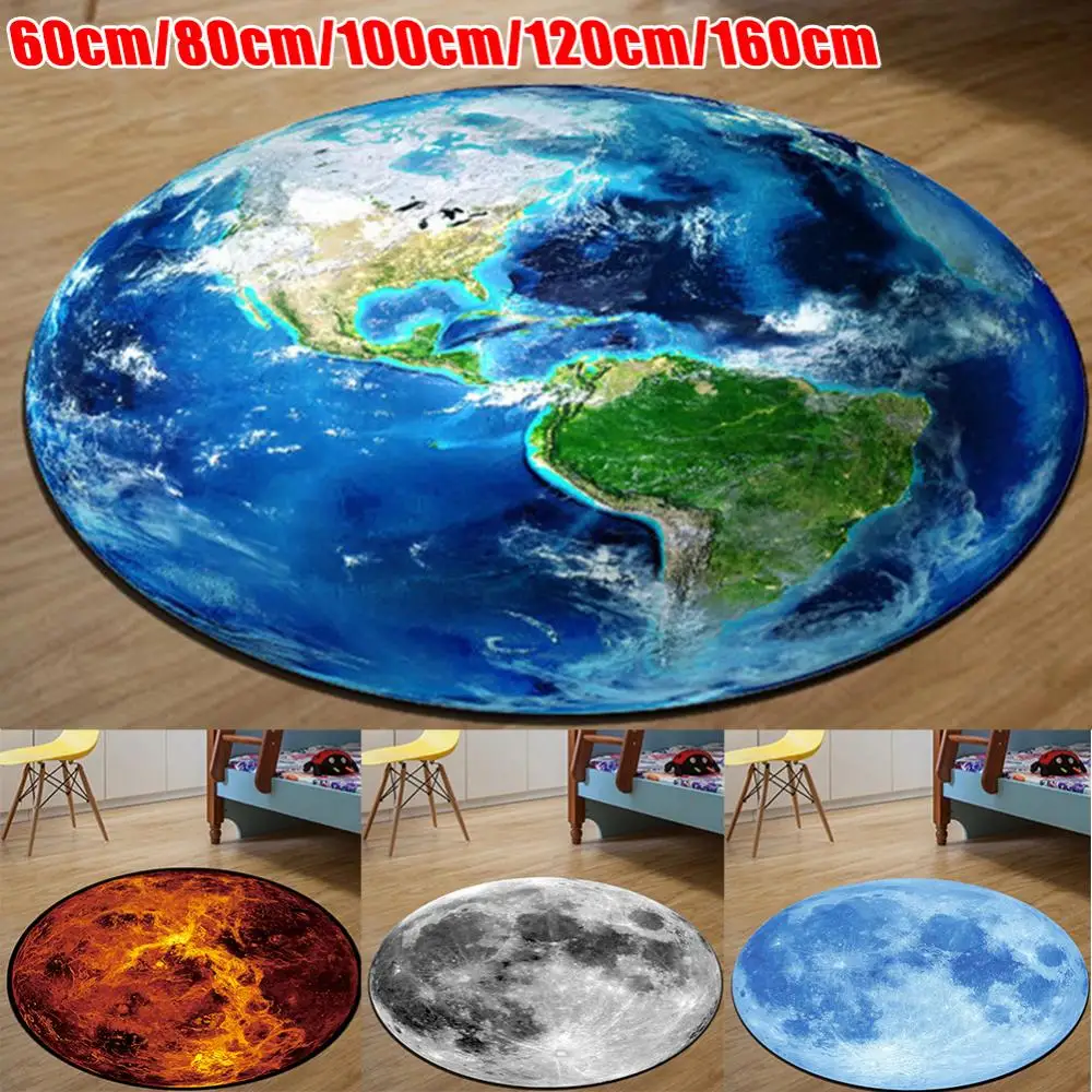 60/80/100/120/160cm Round Earth Moon MercuryPlanet 3D Print Soft Carpet Rug Floor Mat Computer Chair Mat Floor Home Room Decor