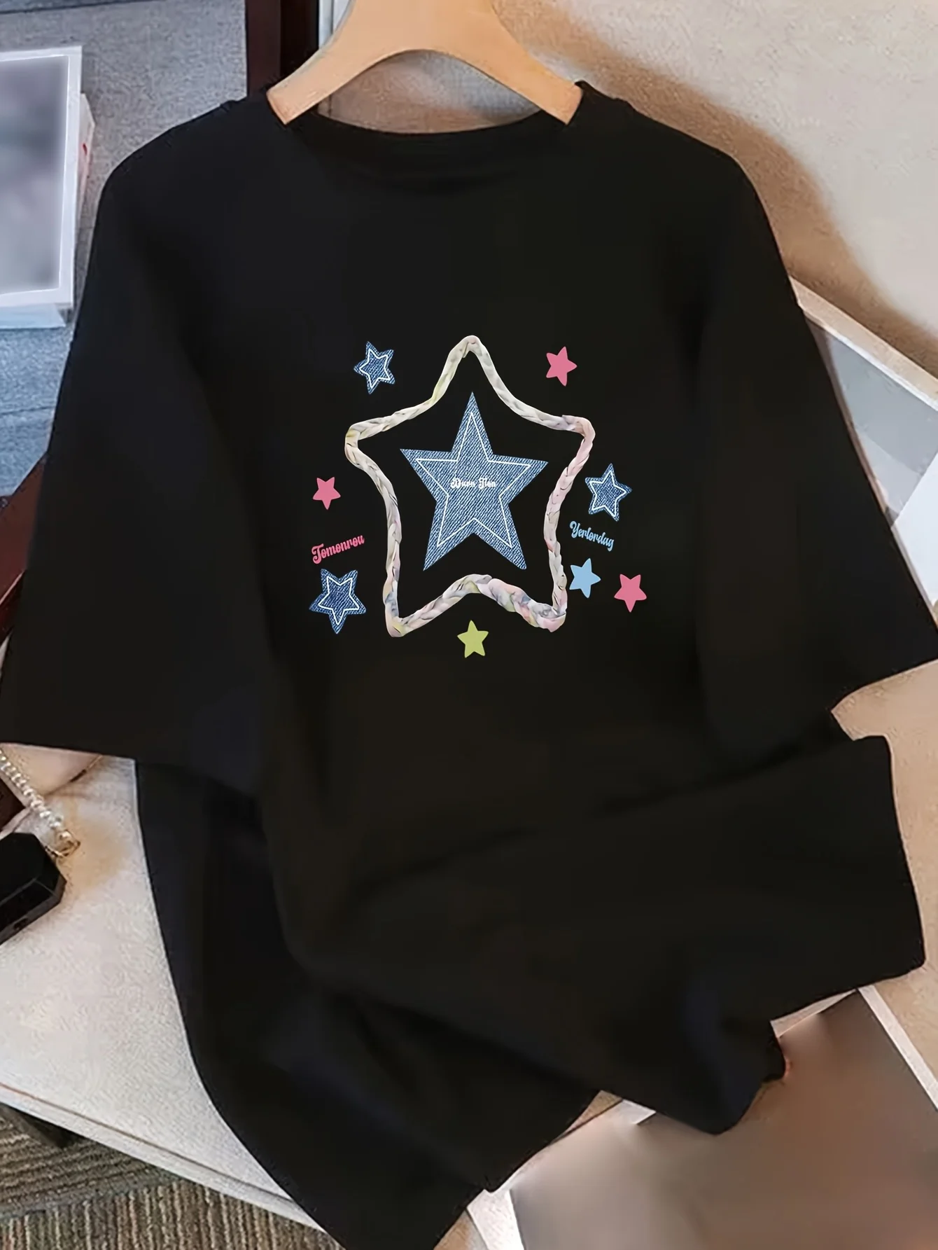 

WomenS Black TShirt with Star Heart Cutout Graphic Print Playful Star Design with Multicolor Hearts Sparkling Aesthetic Clothes
