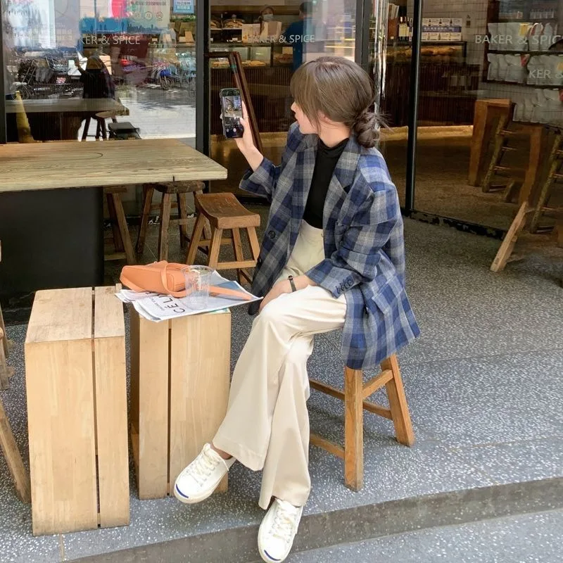 Blue Plaid Woolen Blazer Women's 2026 Spring New Korean Version Loose Spring And Autumn Padded Cotton Imitation Cashmere Coat