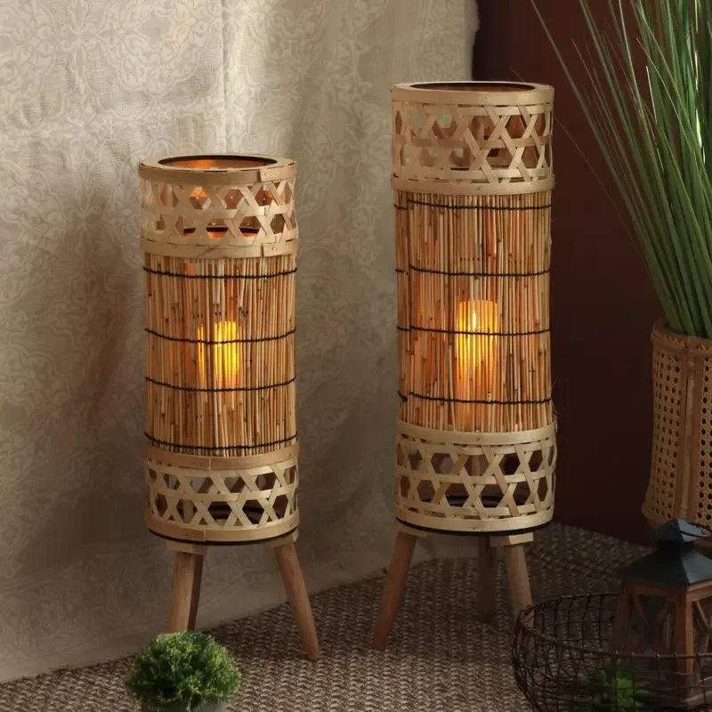 Modern Floor Lamps Handmade Straw Woven Candlestick Lamp Bedroom Living Room Corner Stand Lamp Homestay Decoration Light