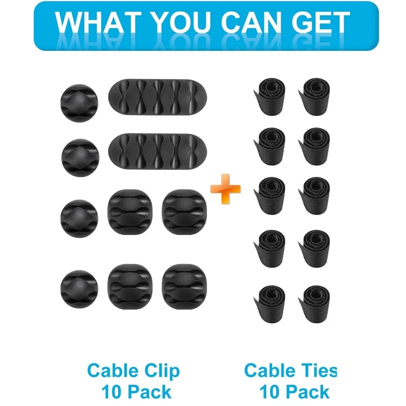 20Pc Cord Management Organizer Kit With Self Adhesive Cable Clip Holders And Fastening Cable Ties For TV Computer Office