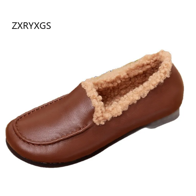 

ZXRYXGS Топ из мягкой воловьей кожи, женская обувь на плоской подошве, модная повседневная хлопковая обувь, зимняя обувь из натуральной кожи, 2025 г., теплые туфли на плоской подошве, большой размер 43