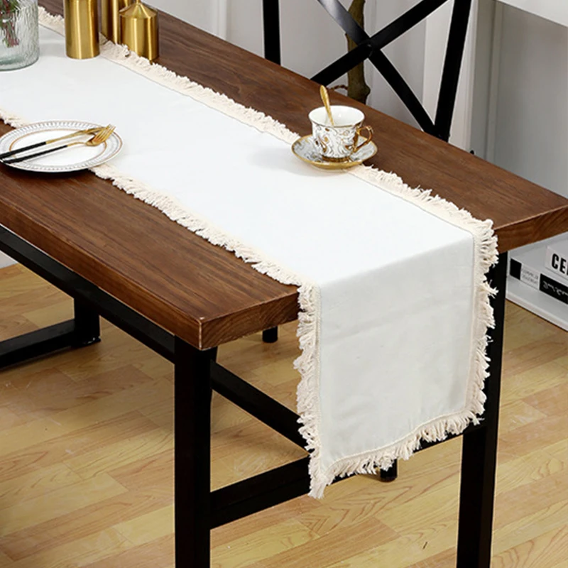 1PC Forest Solid Color Hairy Edge Tassel Table Flag Retro Wooden Table Decoration Wedding Restaurant Homestay Home Decoration