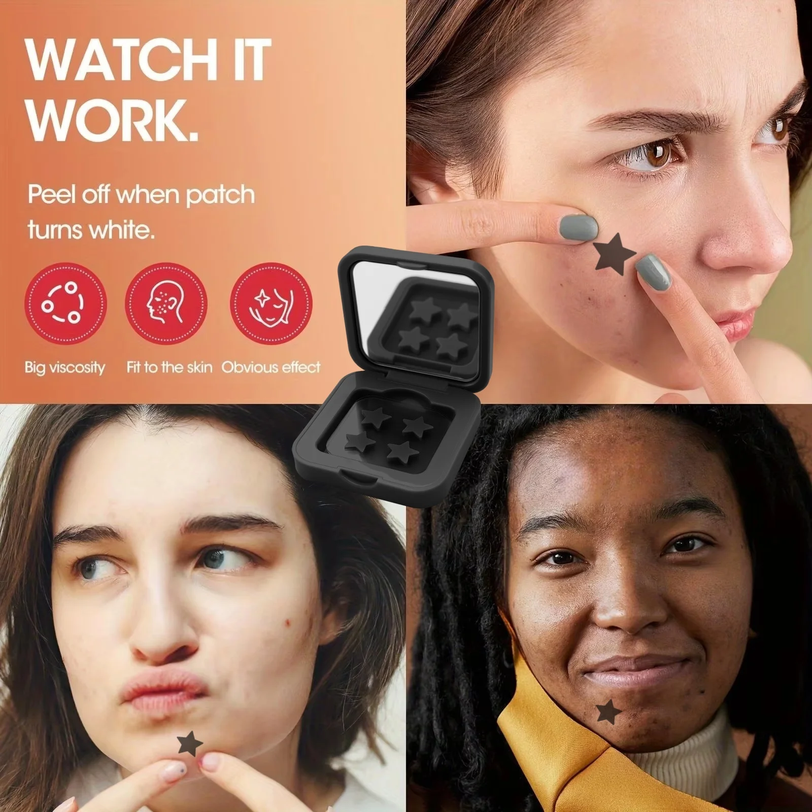 Patches de acne pretos em forma de estrela em caixa espelhada de 60 peças – hidrocolóide, ocultando, leve e para limpar os poros
