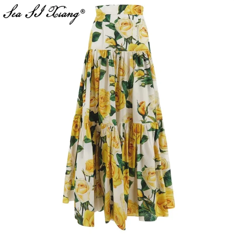 

Seasixiang Fashion Designer Spring 100% Cotton Skirt Women High Waiste Yellow Rose Floral Print Elegant Party Long Skirt