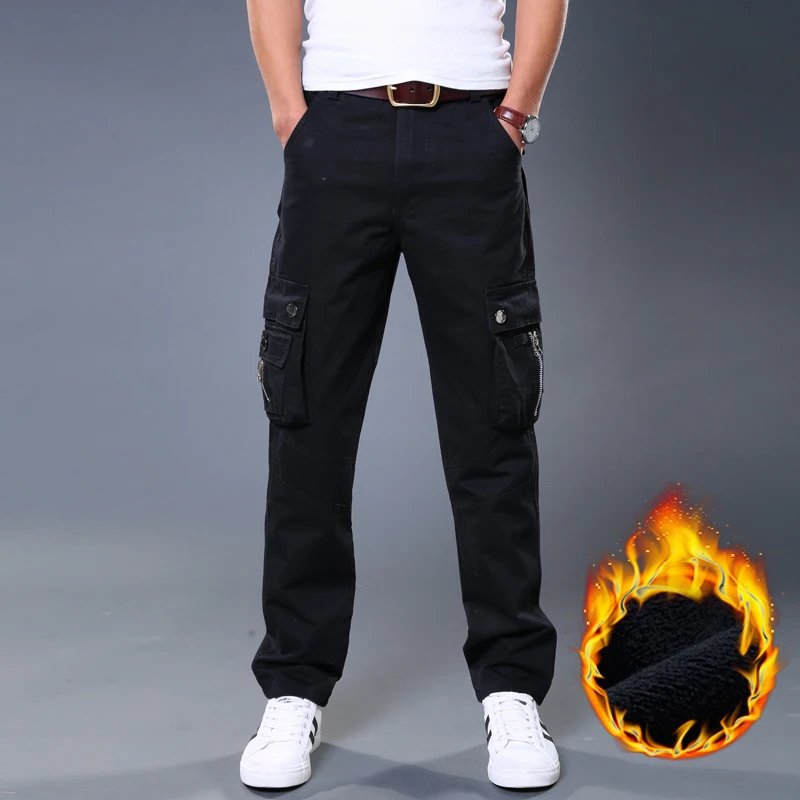 冬フリースサーマルコットンカーゴパンツ男性マルチポケット作業服ストレートアウトドア暖かいオーバーオールズボン男性プラスサイズ 40