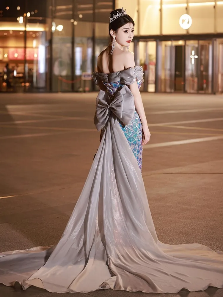 High-end custom-made banquet one-shoulder light luxury strapless dress