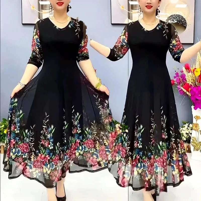 Vestido Floral francés con cintura para madre, ropa de verano holgada de gran tamaño, malla elástica adelgazante, estampado, 2023