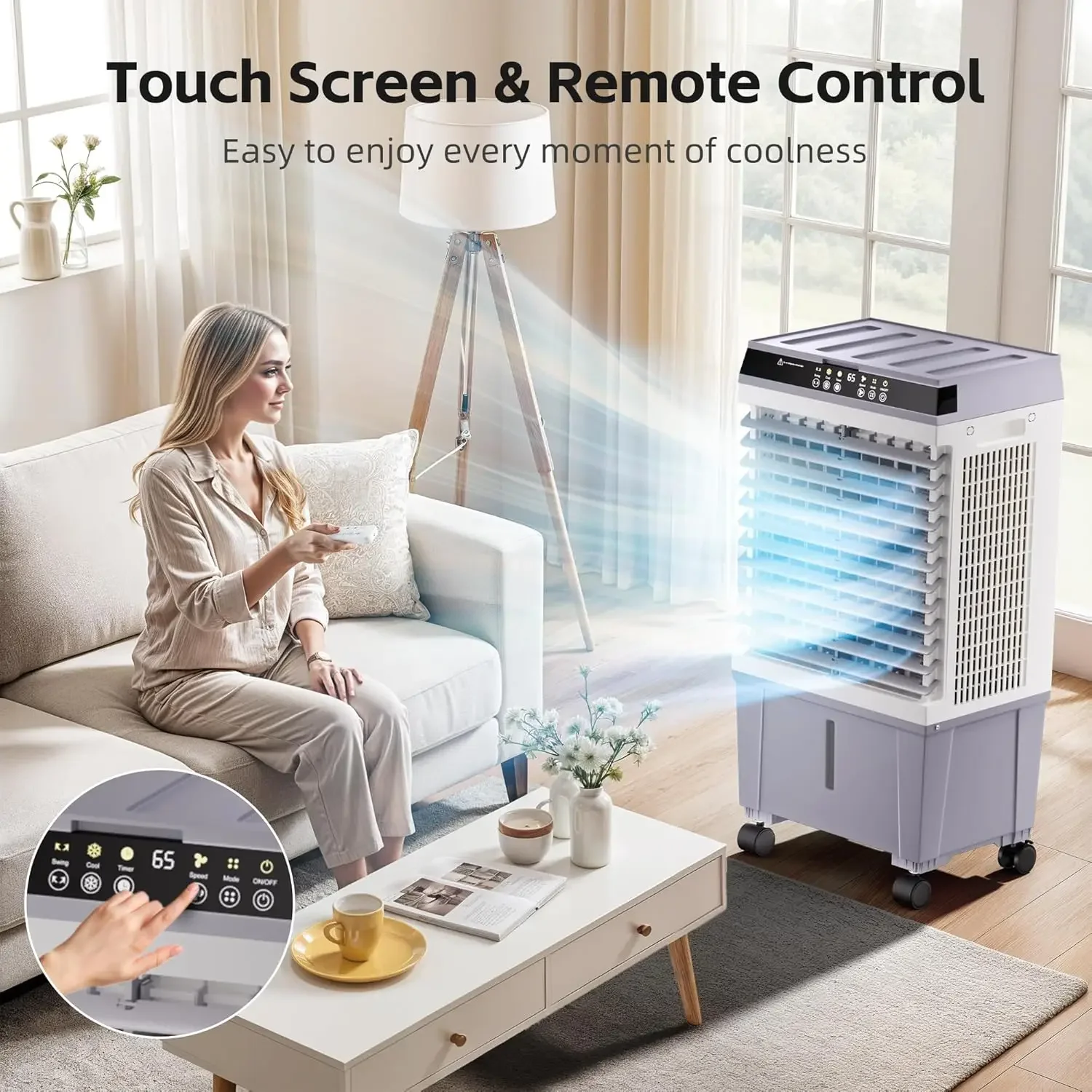Refrigerador de ar evaporativo 3 em 1 com novo motor de cobre atualizado de 2025, tanque de água de 5,3 galões, 4 embalagens de gelo, temporizador 12H