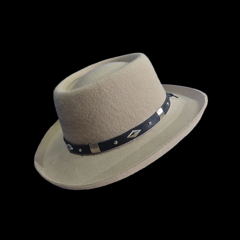 

Folded-Edge Pork Pie Style Pure Wool Fedora Hat with Belt Decoration and Round Top