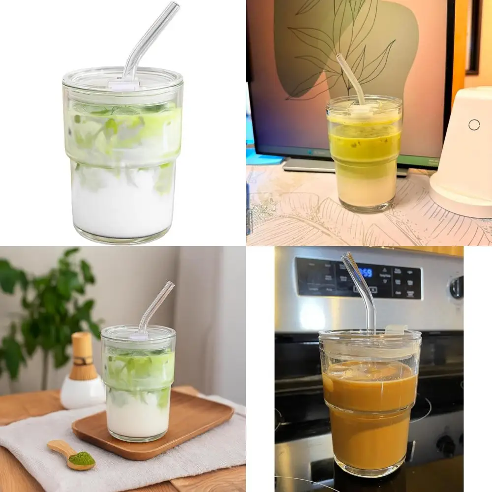 

13oz glass tumbler with straw and lid sealed, carry on reusable iced coffee cups,thick wall glass coffee drinking glassware cups