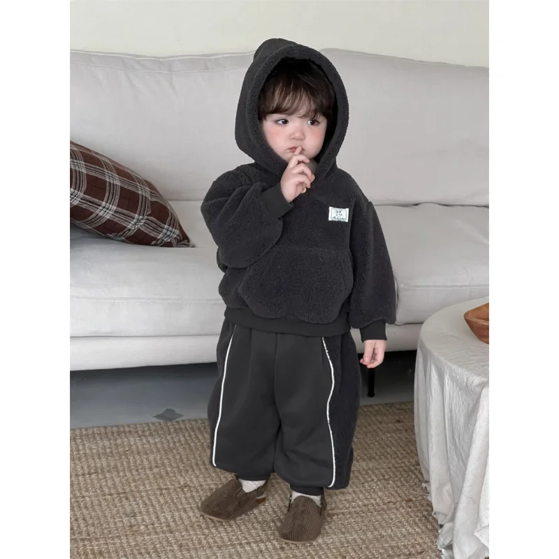 

Children's Clothing Winter Hooded Sweatshirt Set Thickened Kids' Clothing Baby Autumn Winter Outfit Baby Fleece Two-Piece Set